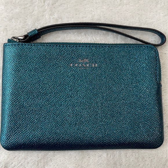Sold! No longer for sale! Coach wristlet- Leather Metallic Glitter Teal - Picture 2 of 7
